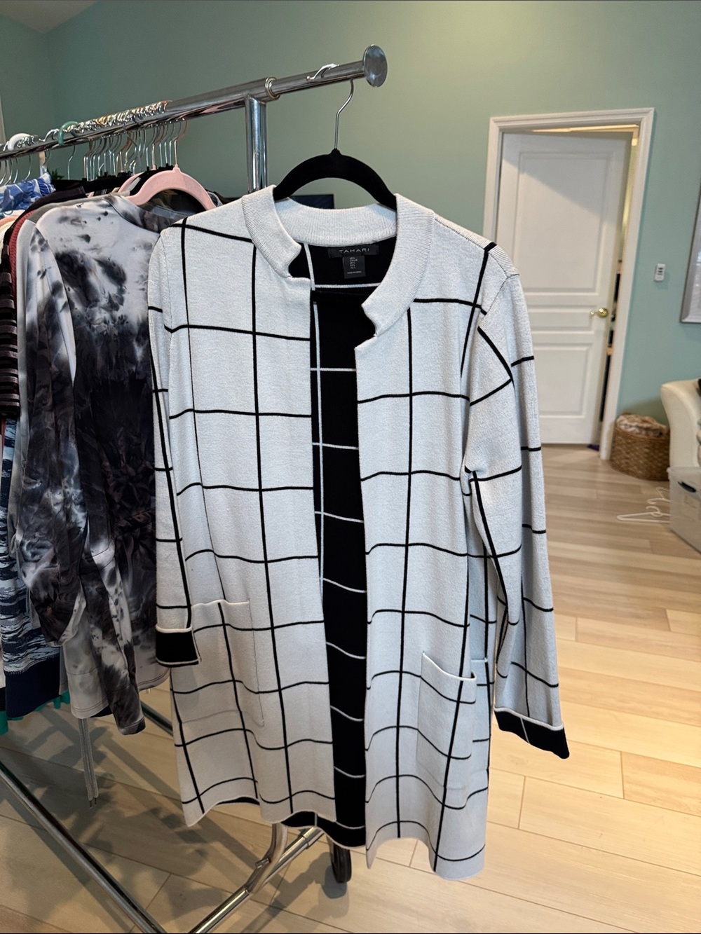 Tahari White and Black Grid Open-Front Coat